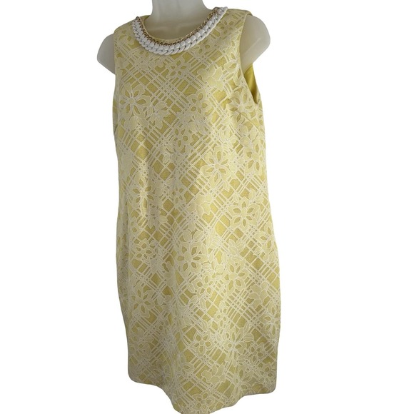 Belle Badgley Mischka Dress Womens 8 Yellow Lace Shift Sheath Chain Neckline - Picture 5 of 16